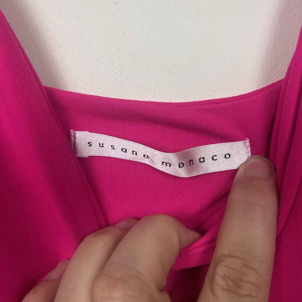 Susana Monaco Hot Pink V-Neck Pleated Fit and Flare Mini Dress Small Made in USA - Picture 3 of 8